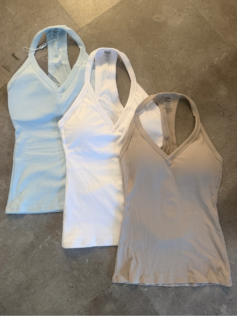 Set of 3 Ribbed V-Neck Racerback Tank - White, Light Blue, Taupe Sz Sm